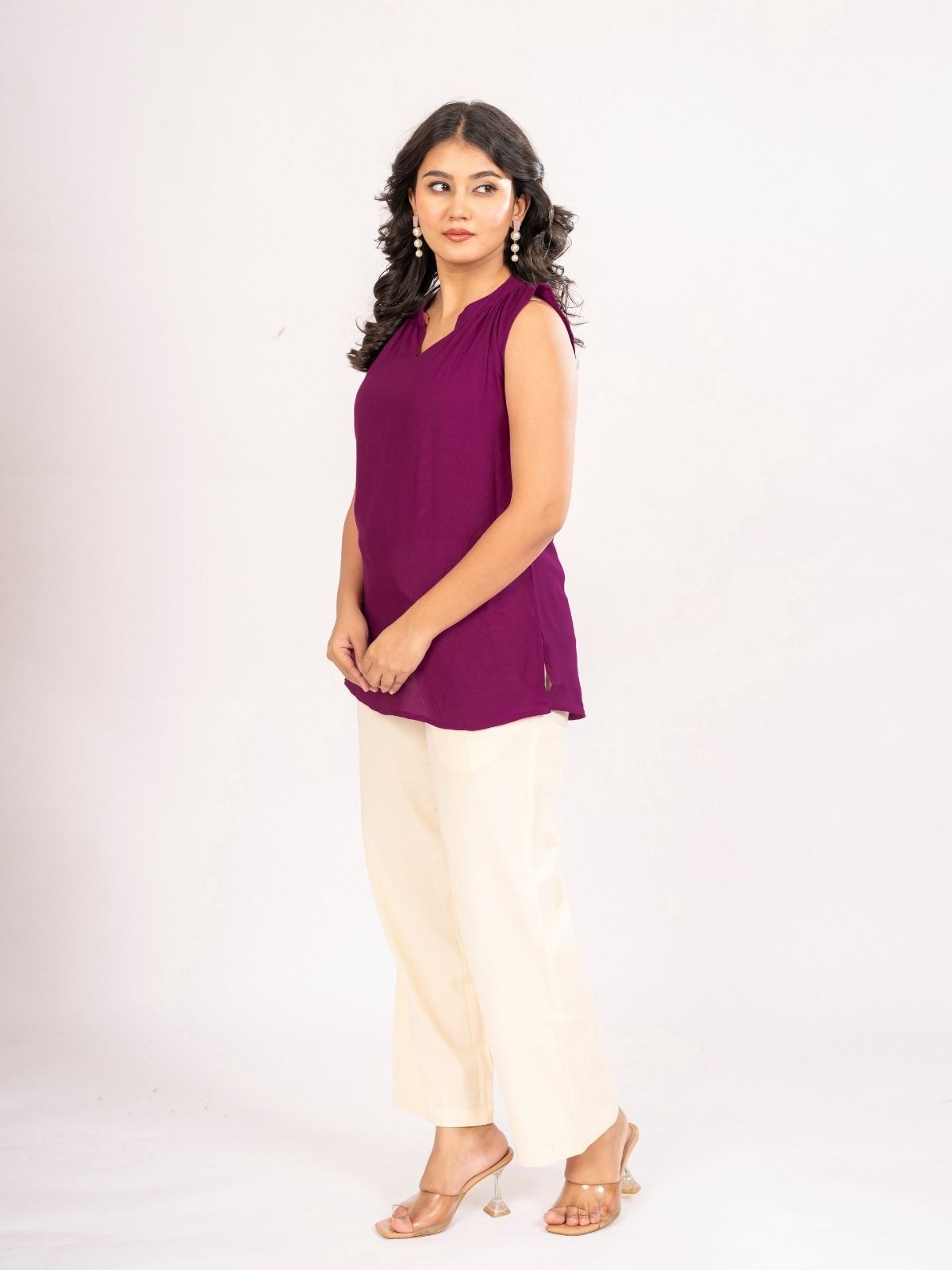 Magenta Viscose Gathered Neckline Tops