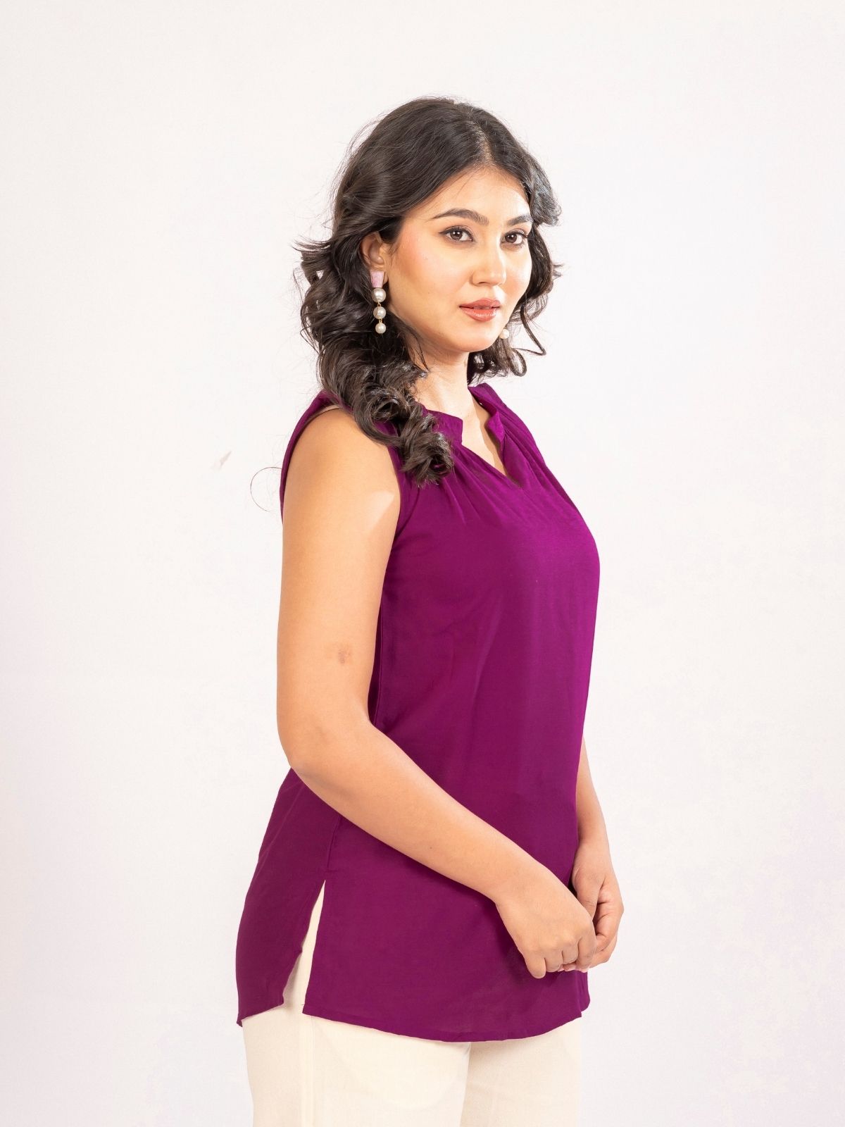 Magenta Viscose Gathered Neckline Tops