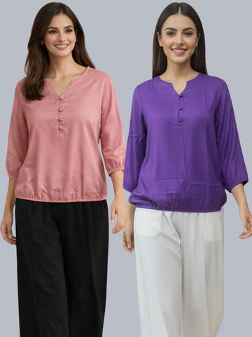 Pack Of 2 MauvePink and Purple Viscose Waist-Fit Tops