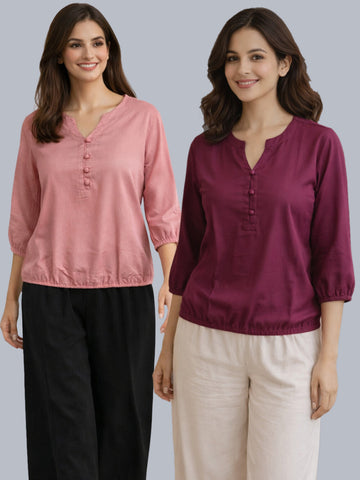 Pack Of 2 MauvePink and Wine Viscose Waist-Fit Tops