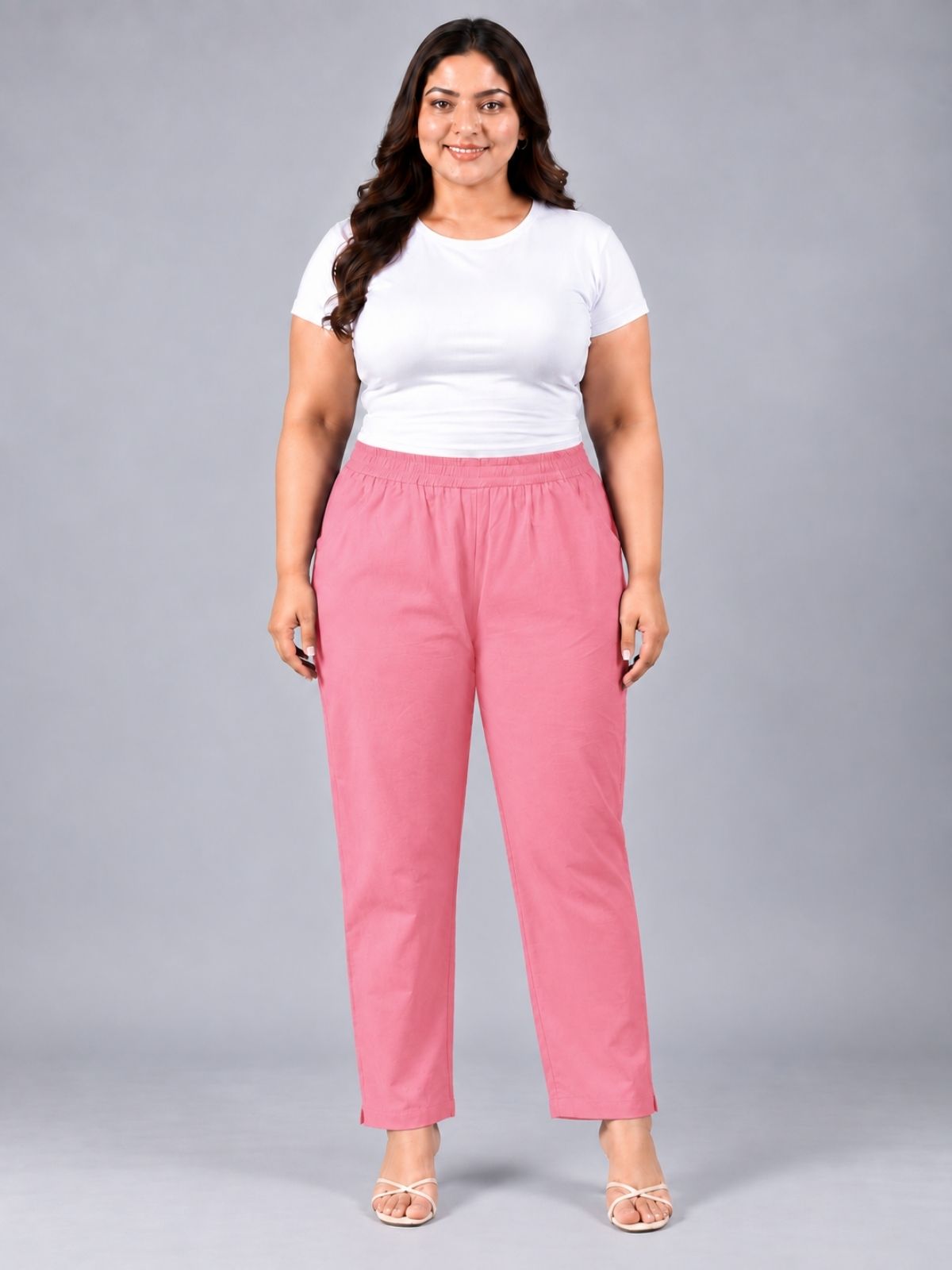 MauvePink Regular Fit Elastic Plus Sizes Cotton Trouser