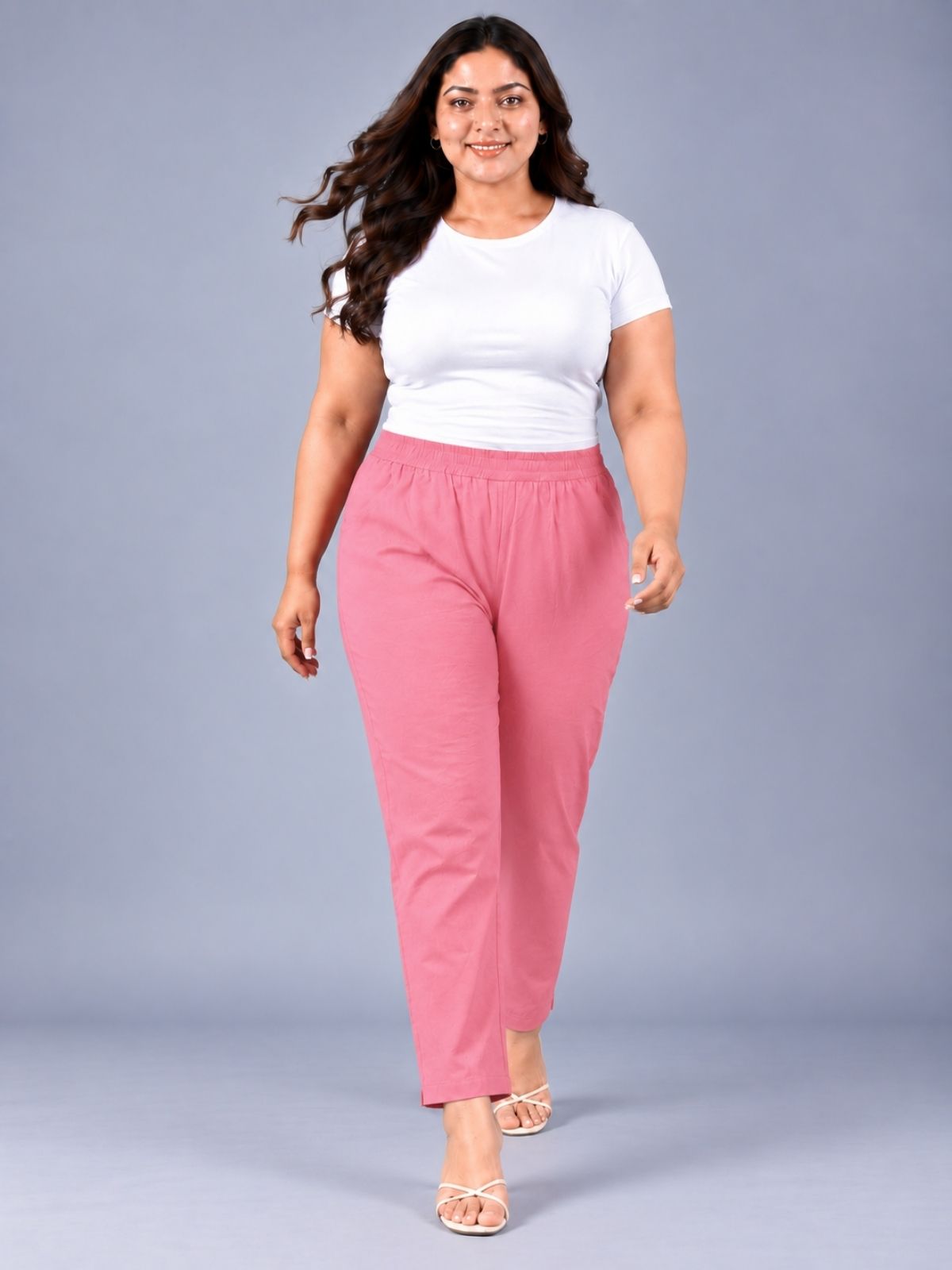 MauvePink Regular Fit Elastic Plus Sizes Cotton Trouser