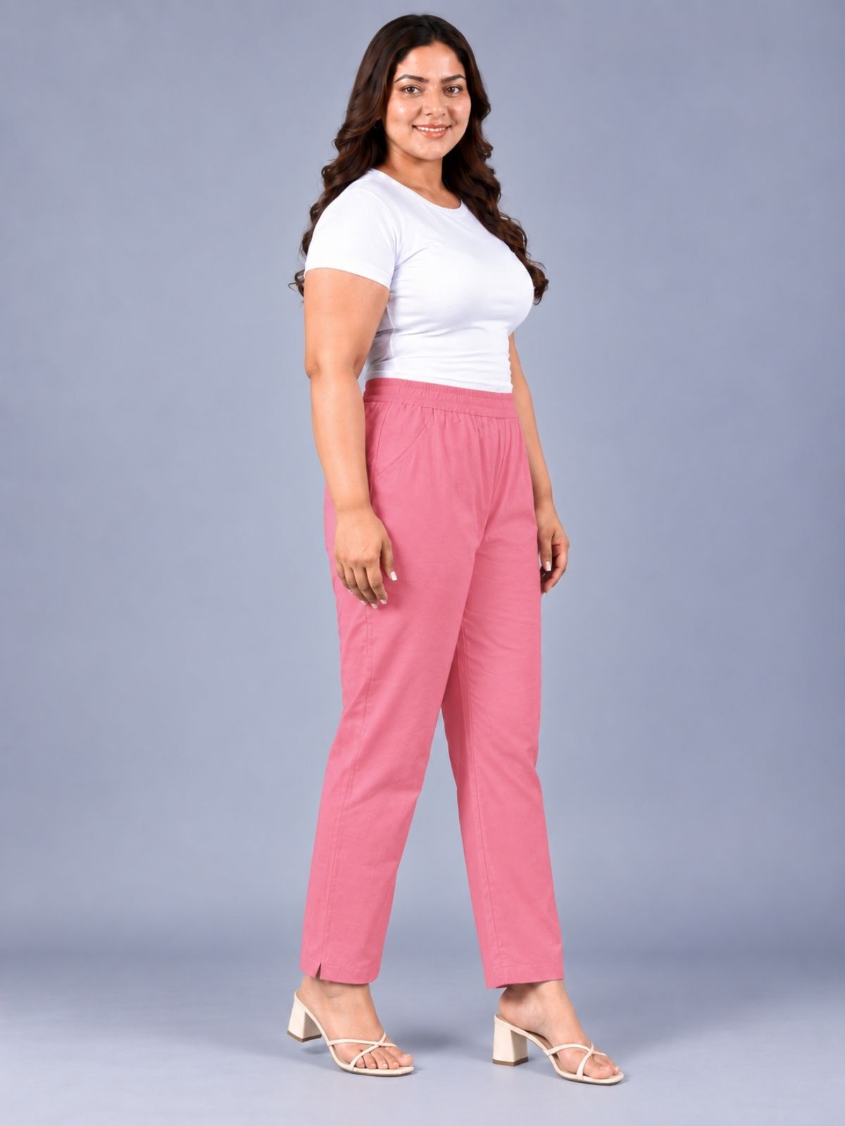 MauvePink Regular Fit Elastic Plus Sizes Cotton Trouser