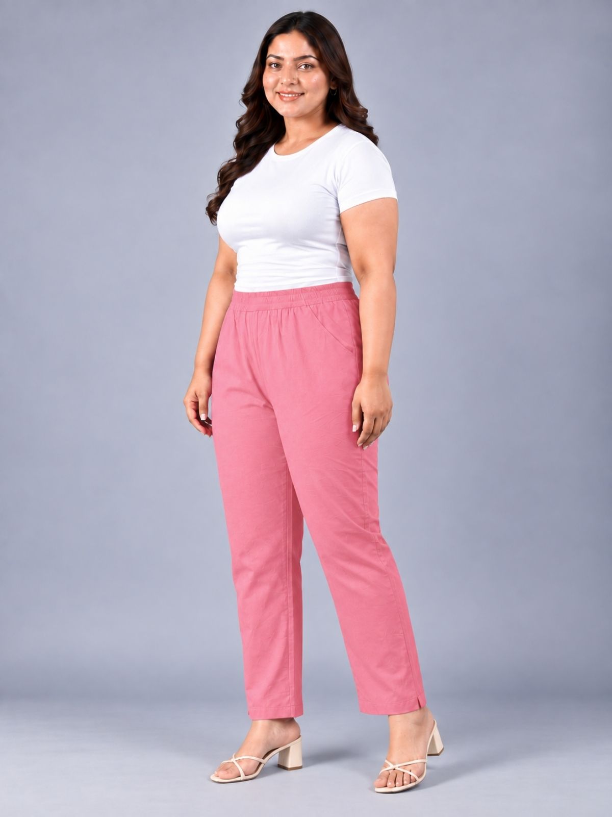 MauvePink Regular Fit Elastic Plus Sizes Cotton Trouser