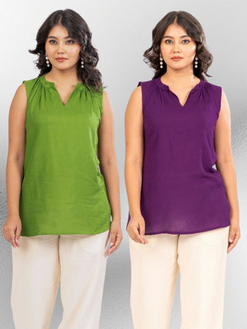 Mehndi & Purple Viscose Gathered Neckline Tops Combo