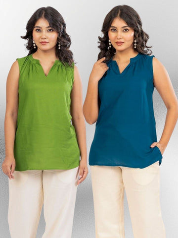 Mehndi & TealBlue Viscose Gathered Neckline Tops Combo