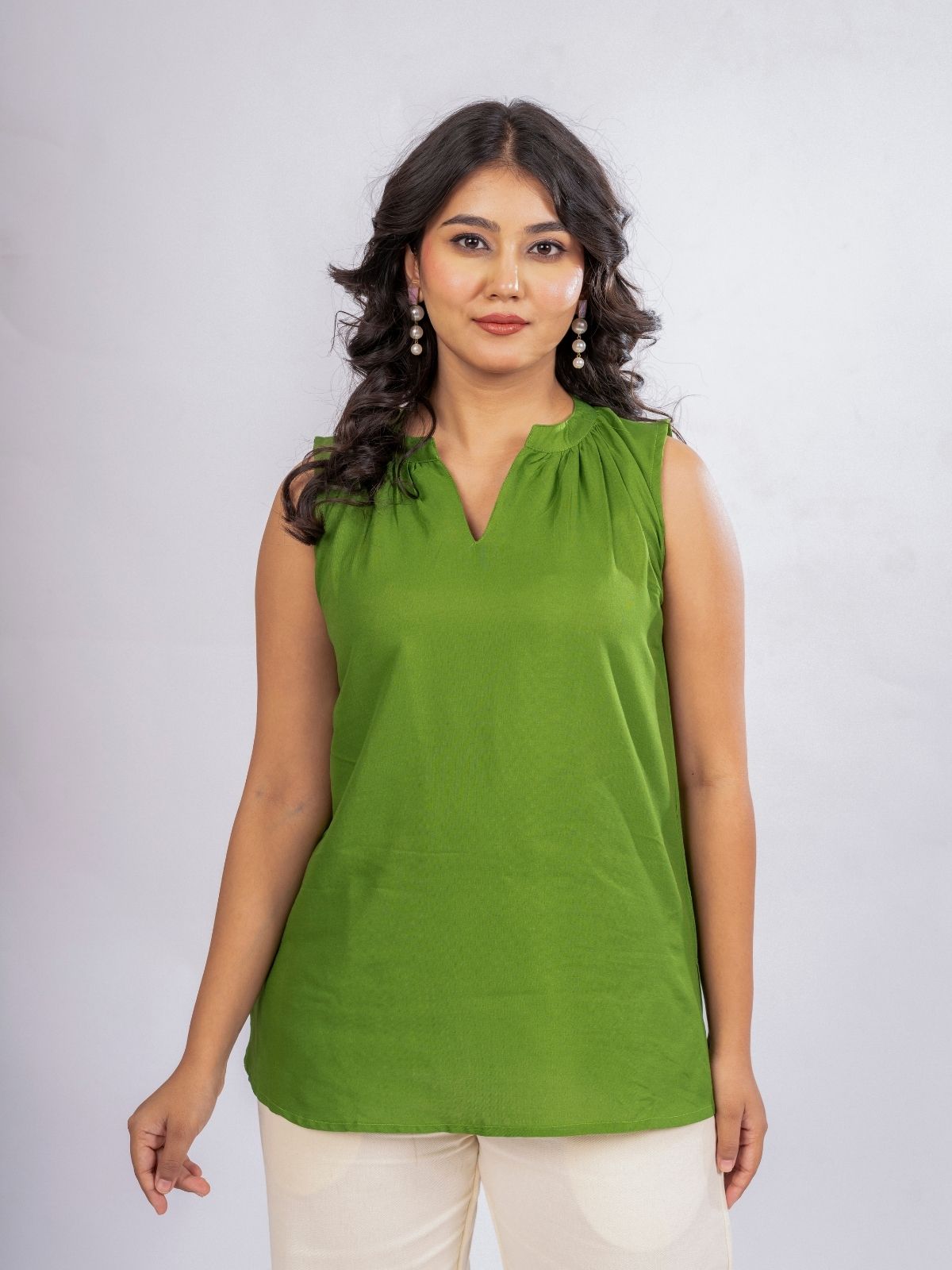 Mehndi Viscose Gathered Neckline Tops