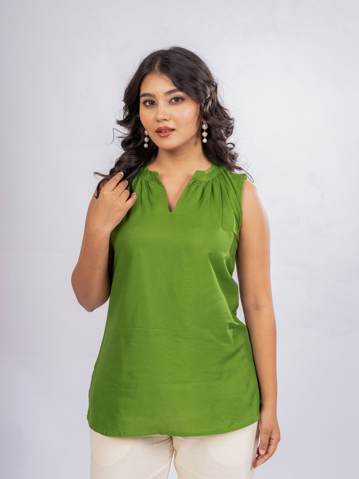 Mehndi Viscose Gathered Neckline Tops