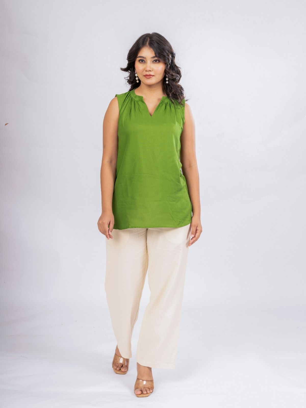 Mehndi Viscose Gathered Neckline Tops
