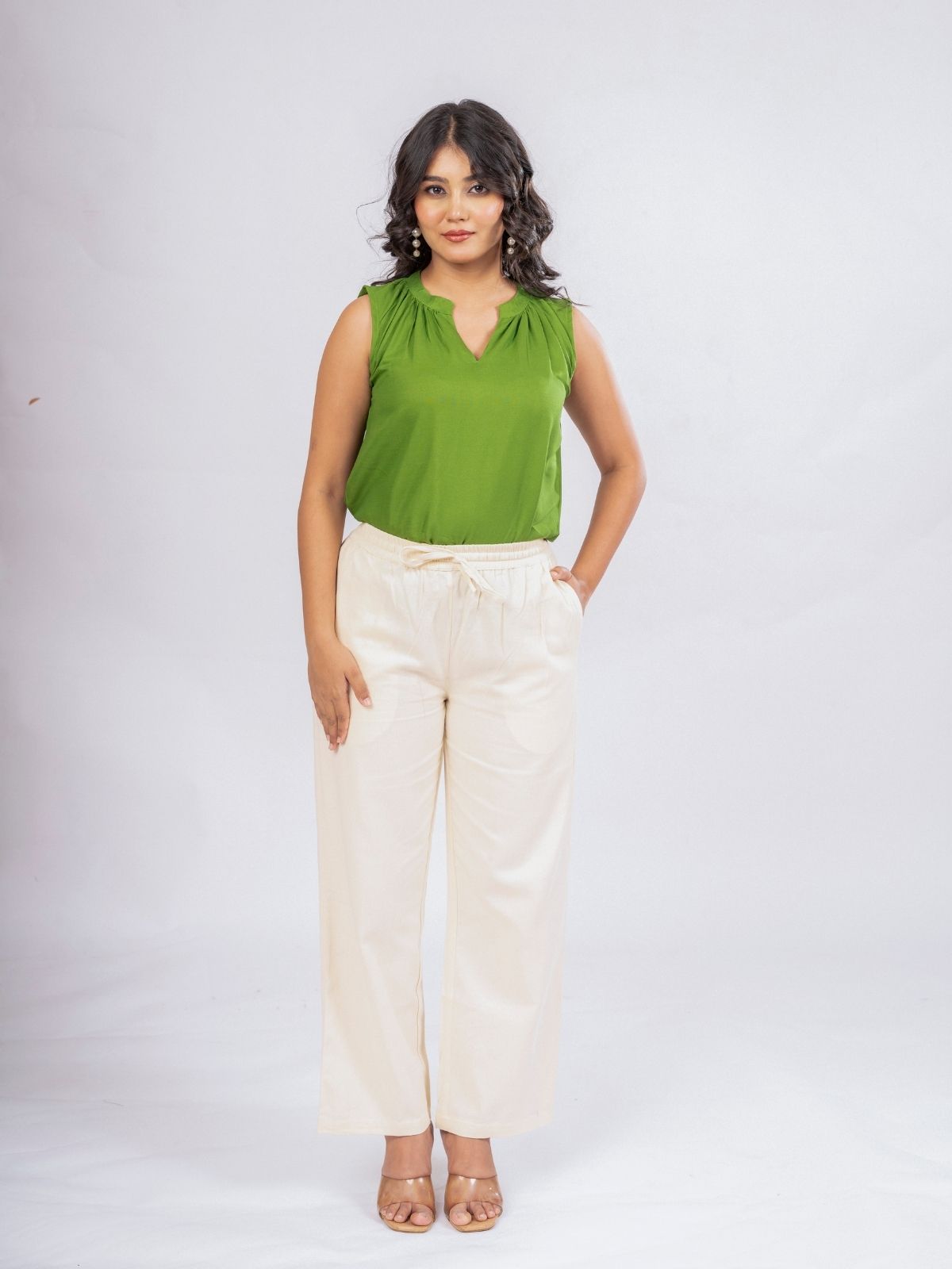 Mehndi Viscose Gathered Neckline Tops