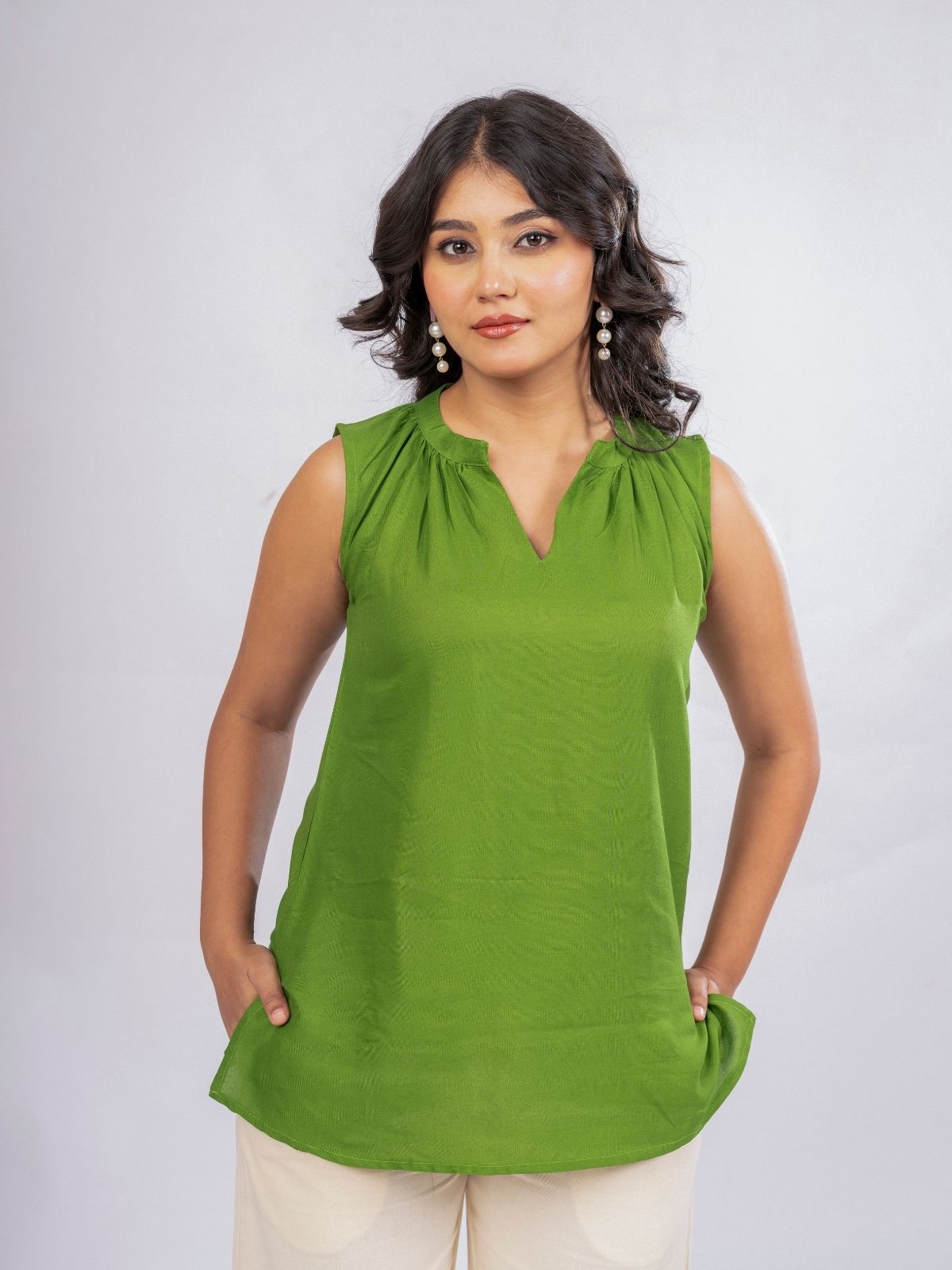 Mehndi & Purple Viscose Gathered Neckline Tops Combo
