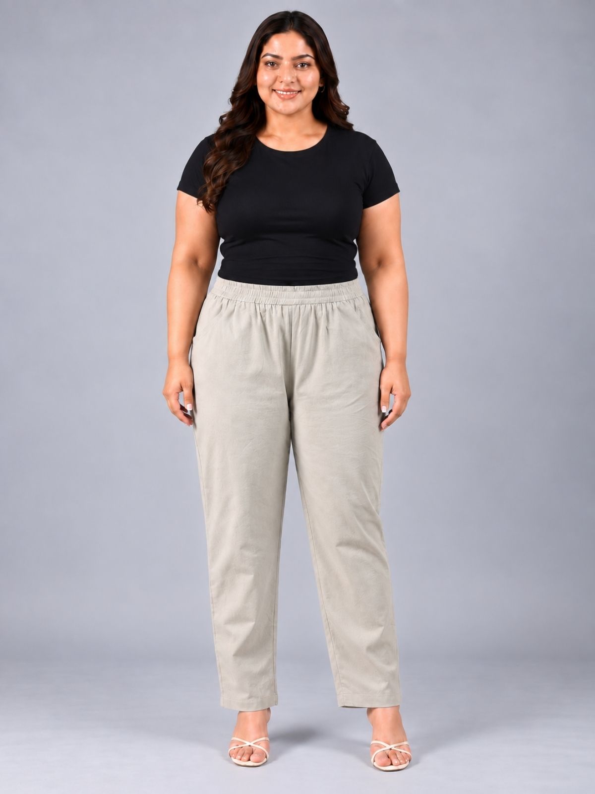 Melange Regular Fit Elastic Plus Sizes Cotton Trouser