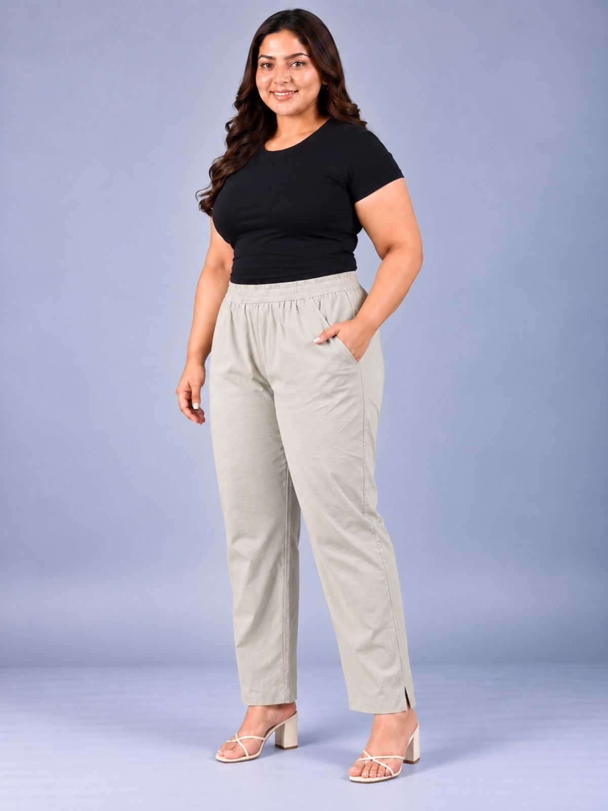 Melange Regular Fit Elastic Plus Sizes Cotton Trouser