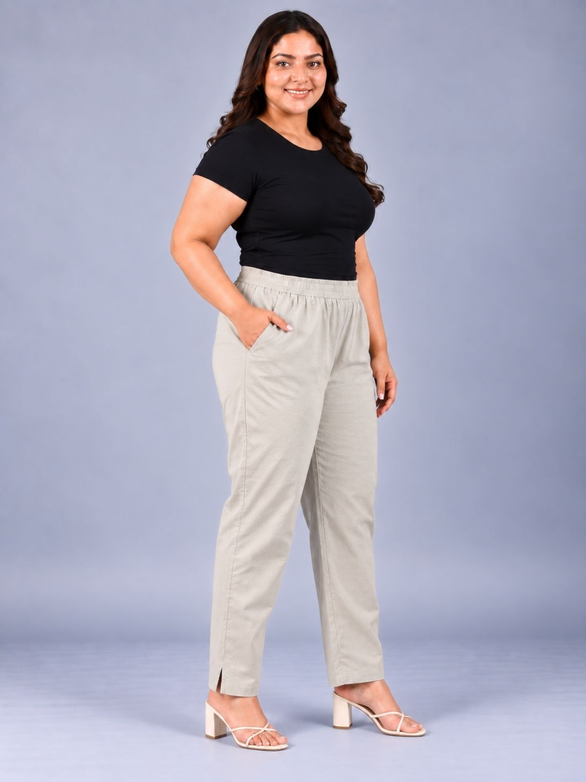 Melange Regular Fit Elastic Plus Sizes Cotton Trouser