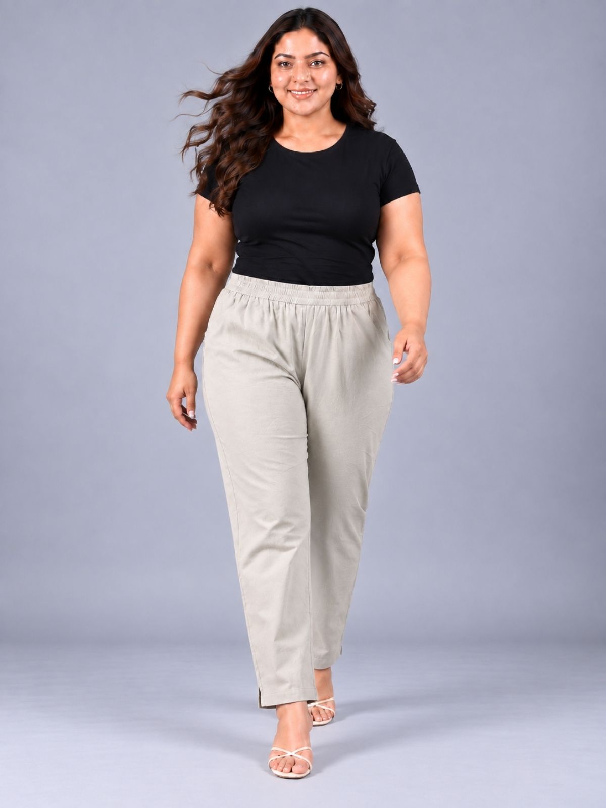 Melange Regular Fit Elastic Plus Sizes Cotton Trouser