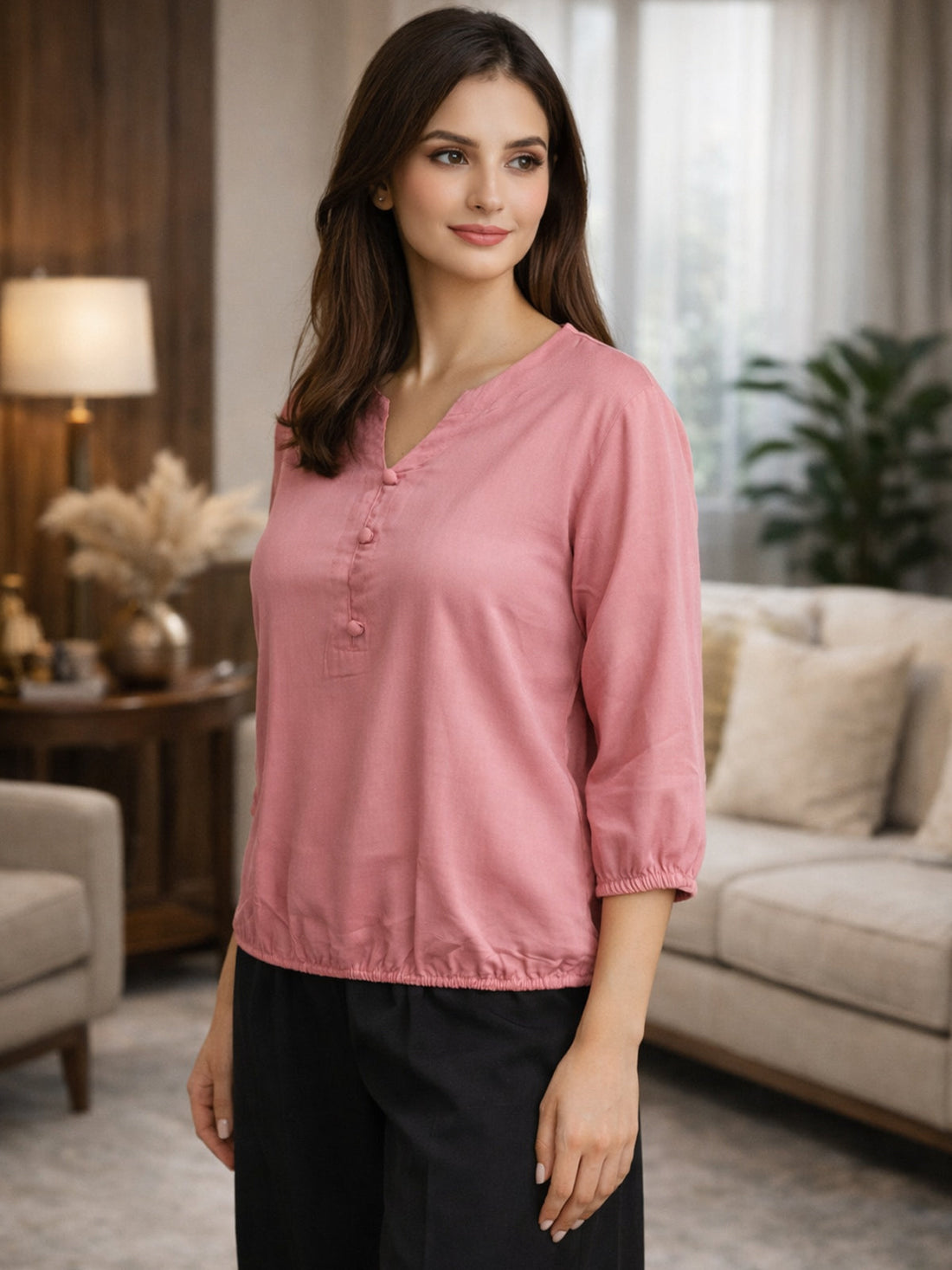 Peach Viscose Elastic Waist Tops