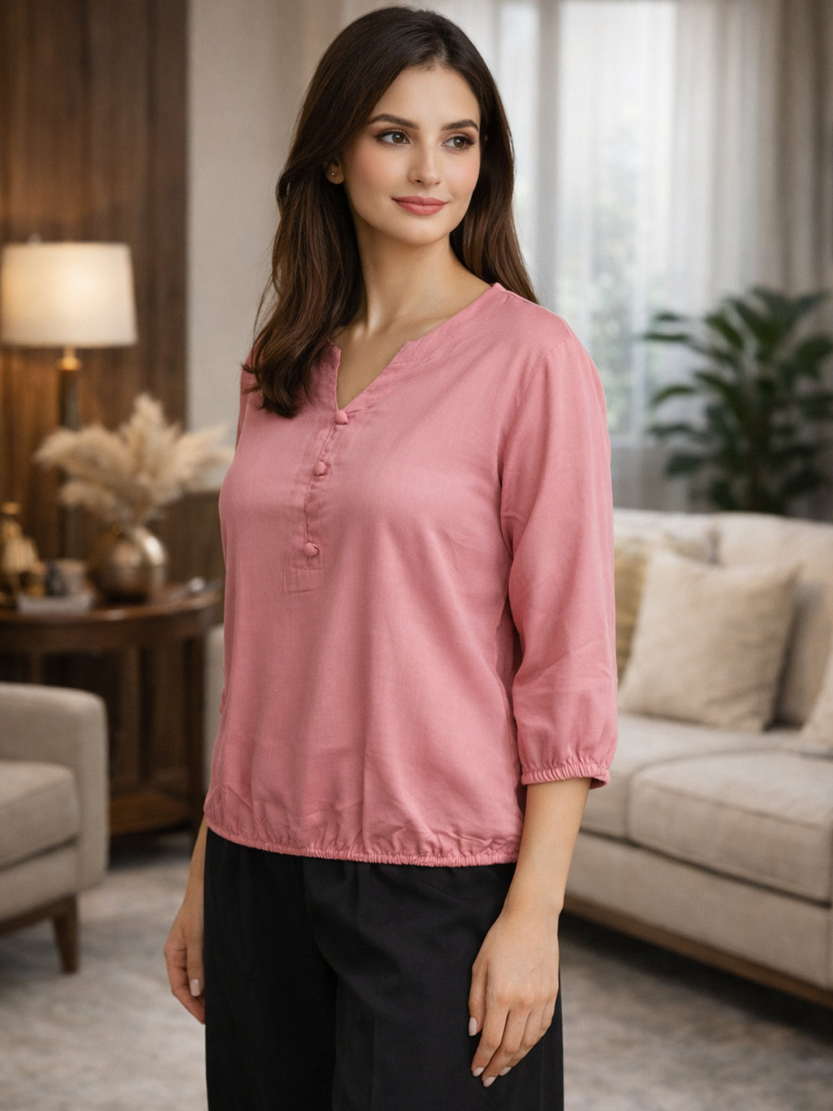 Peach Viscose Elastic Waist Tops