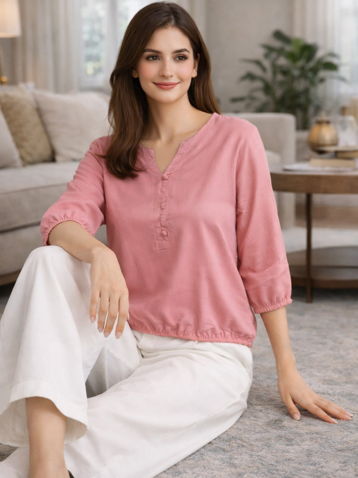 Peach Viscose Elastic Waist Tops