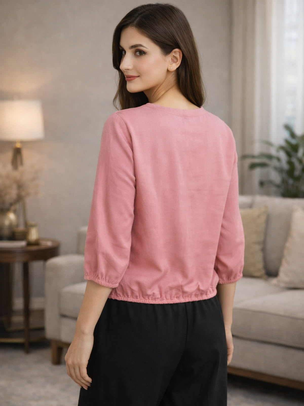 Peach Viscose Elastic Waist Tops