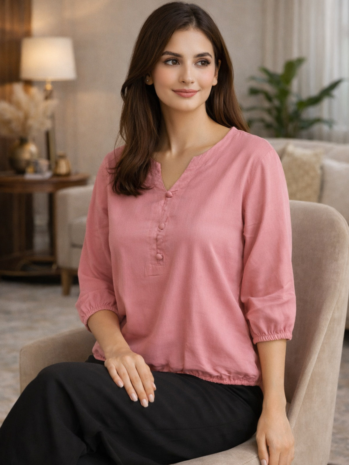 Peach Viscose Elastic Waist Tops