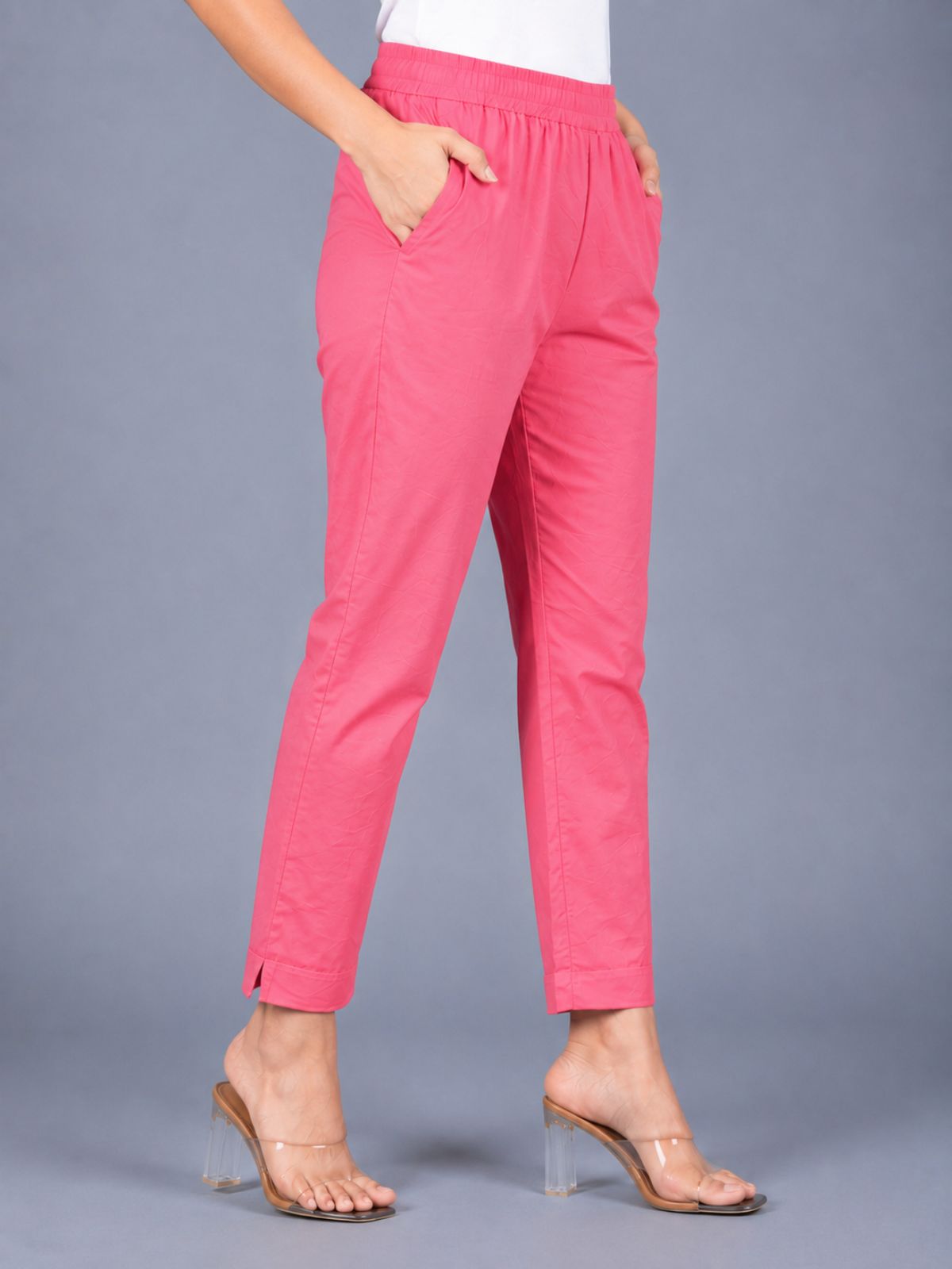 Mauvepink & Red Regular Fit Elastic Cotton Trouser Combo