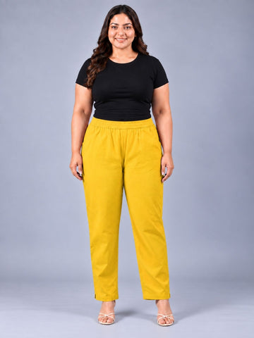 Mustard Regular Fit Elastic Plus Sizes Cotton Trouser