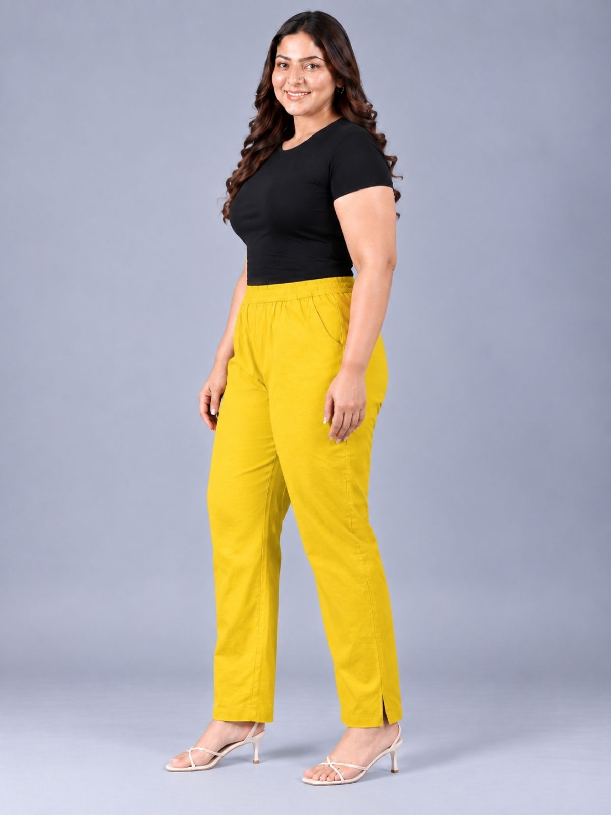 Mustard Regular Fit Elastic Plus Sizes Cotton Trouser