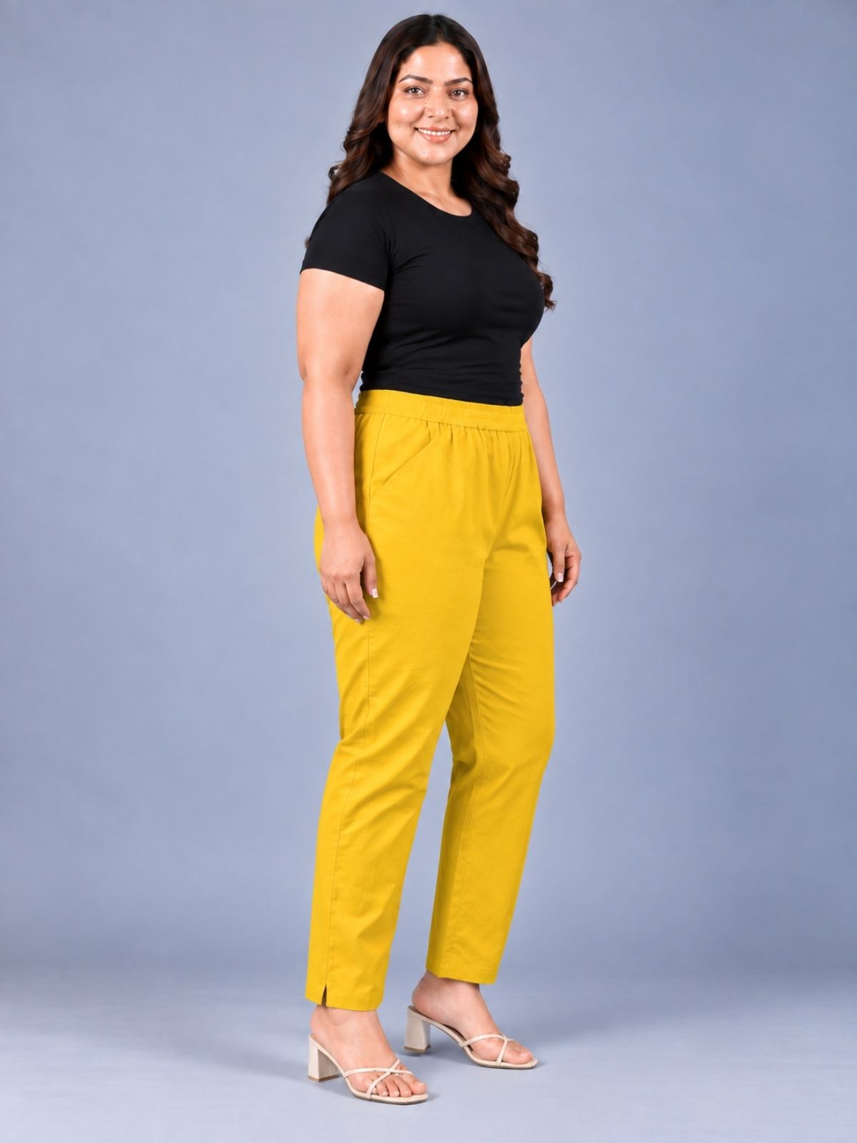 Mustard Regular Fit Elastic Plus Sizes Cotton Trouser