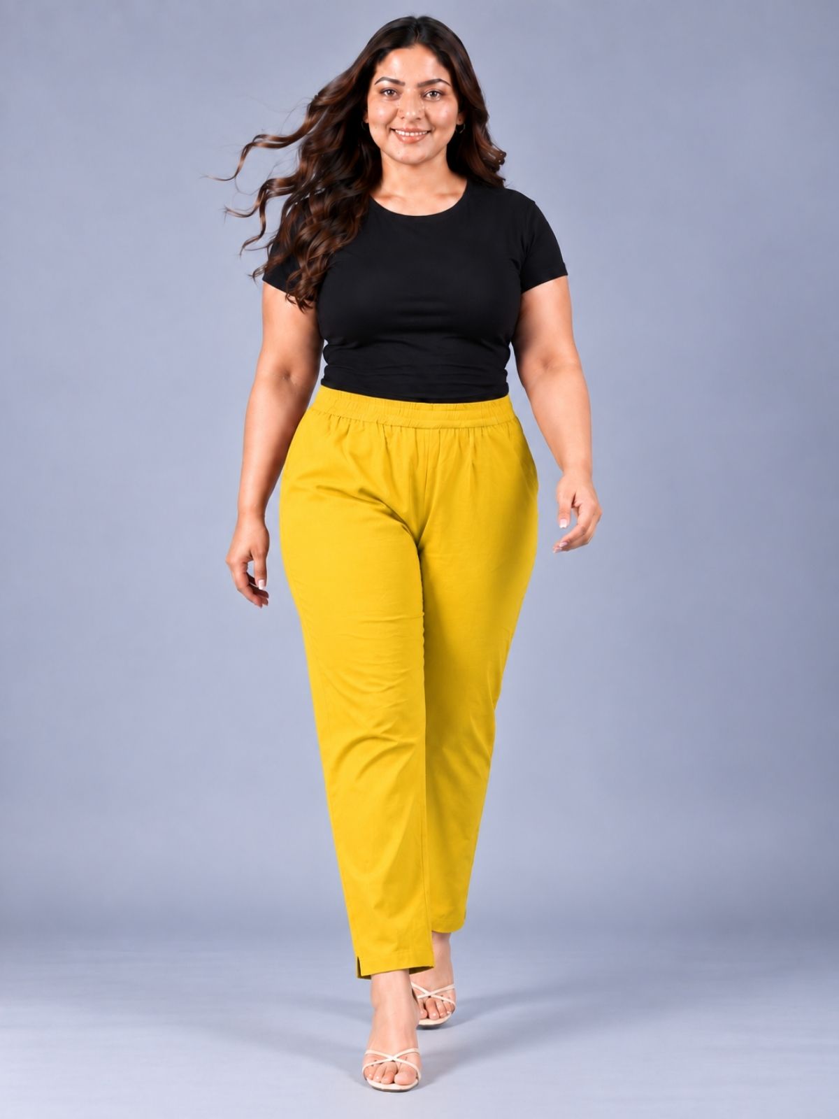 Mustard Regular Fit Elastic Plus Sizes Cotton Trouser