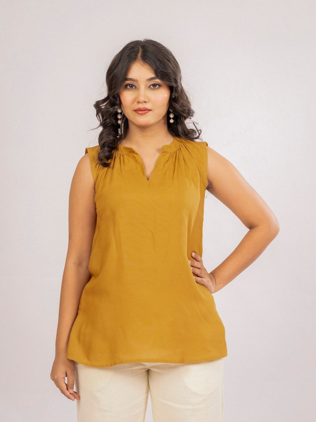 Camel Viscose Gathered Neckline Tops
