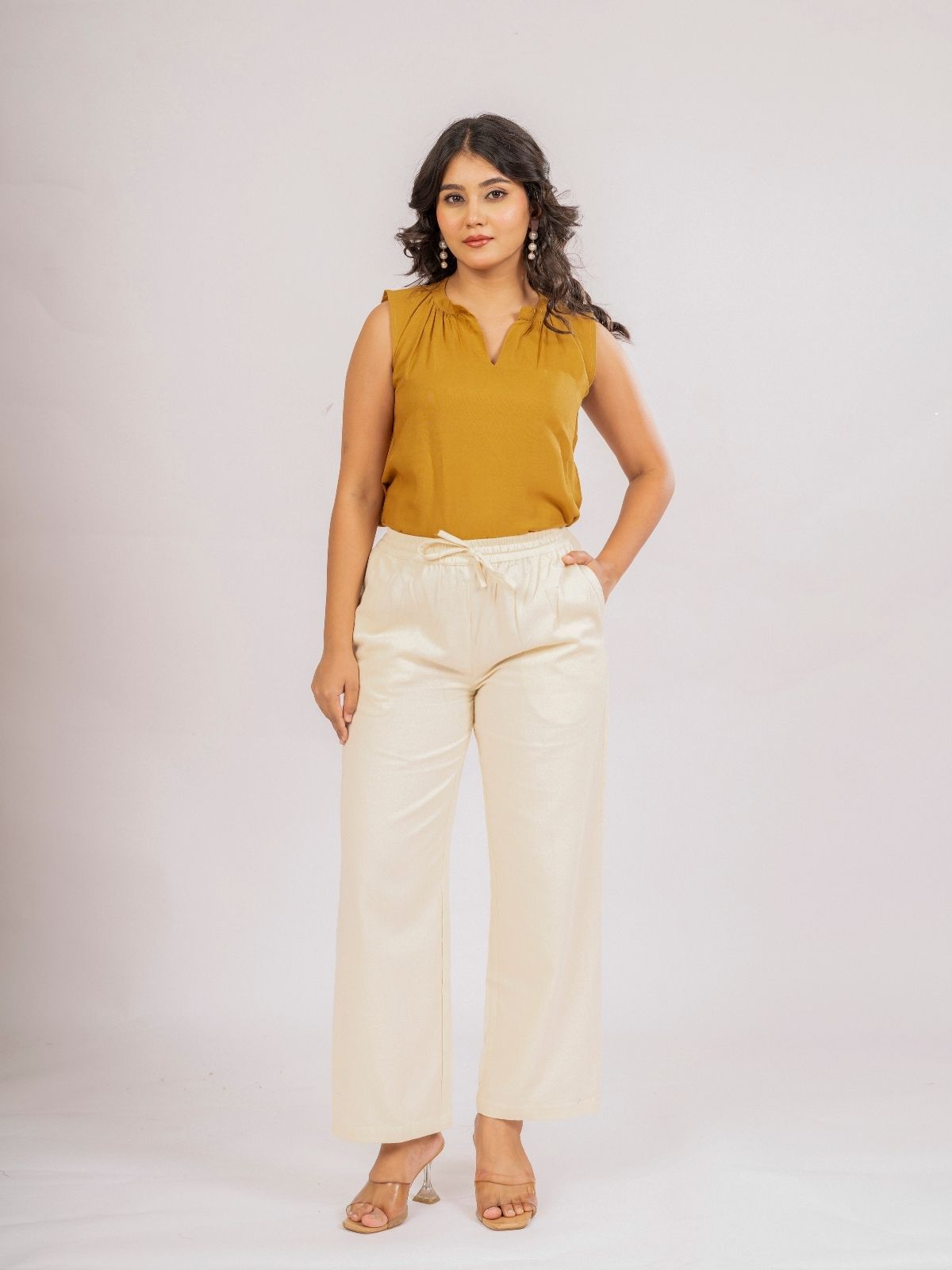 Camel Viscose Gathered Neckline Tops