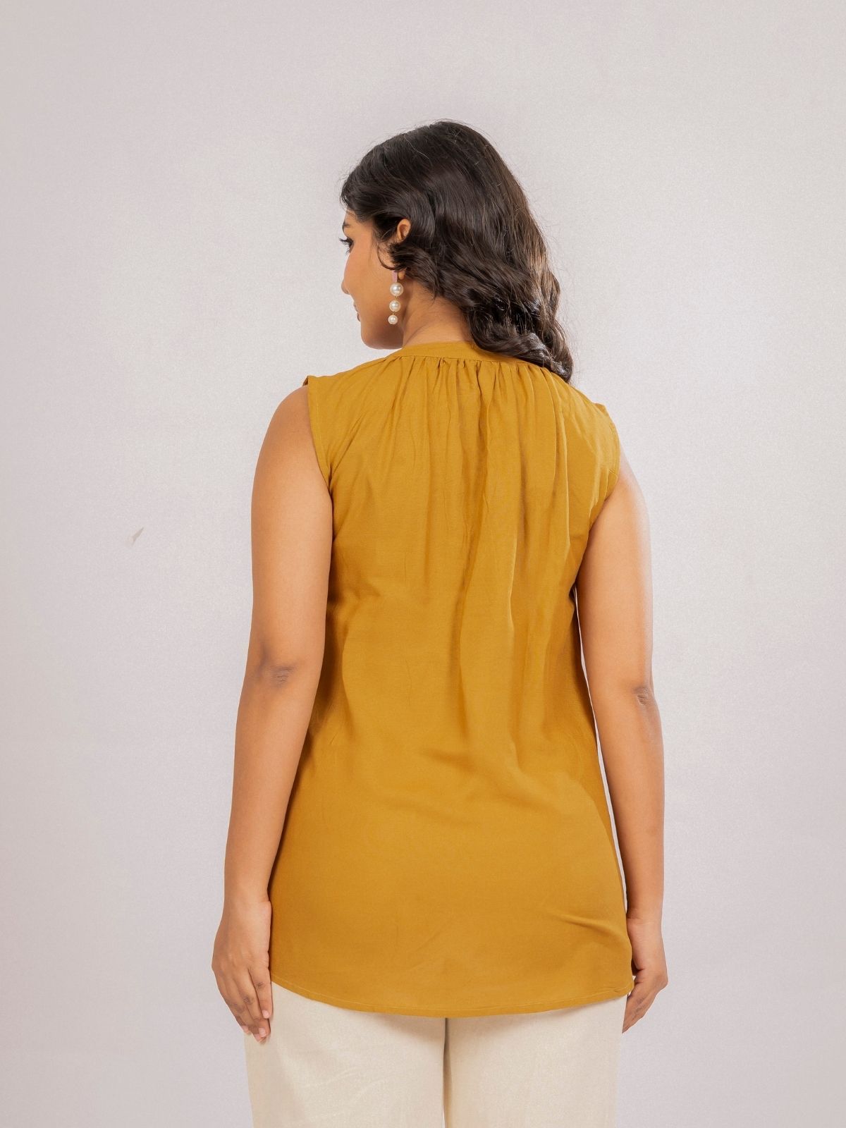 Camel Viscose Gathered Neckline Tops