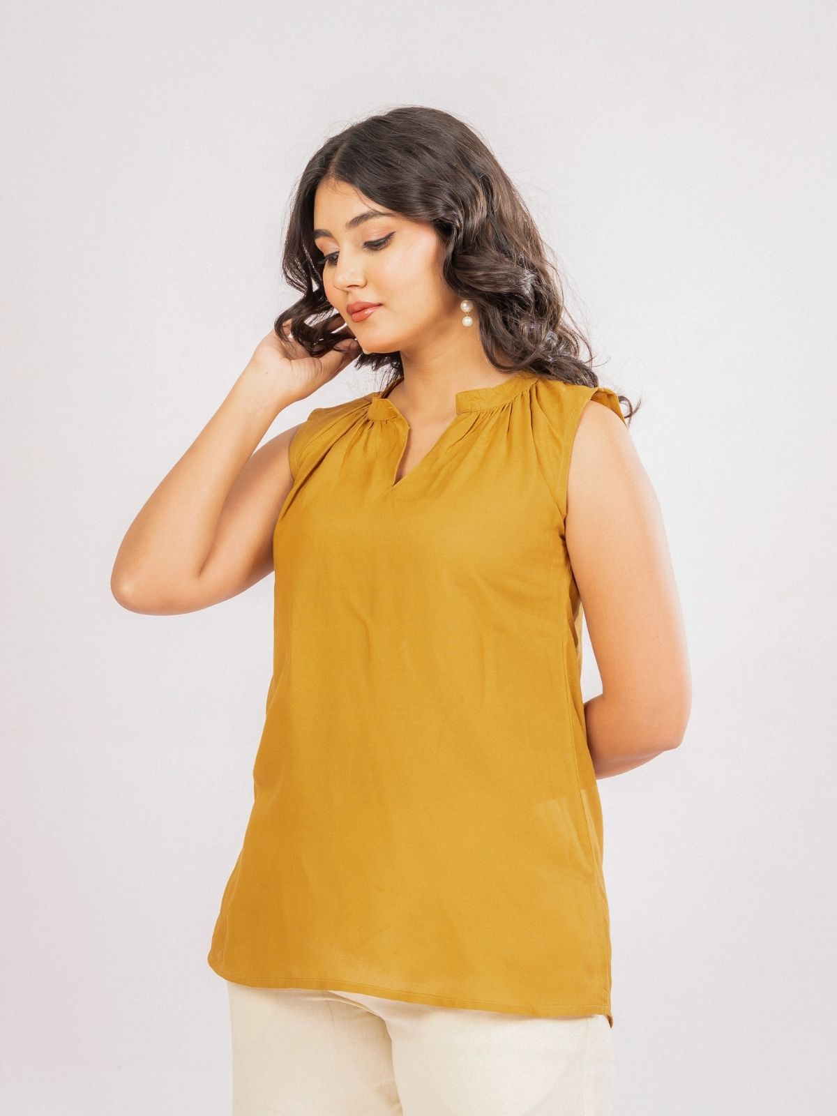 Camel Viscose Gathered Neckline Tops