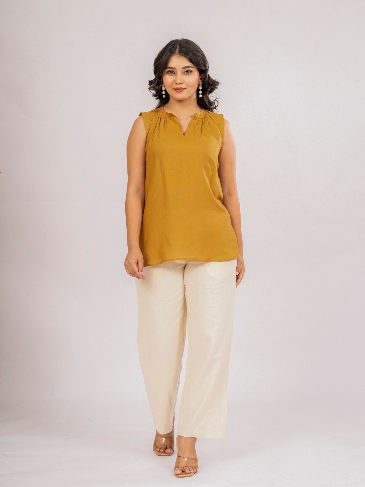 Camel Viscose Gathered Neckline Tops