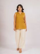Camel Viscose Gathered Neckline Tops