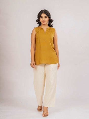 Camel Viscose Gathered Neckline Tops