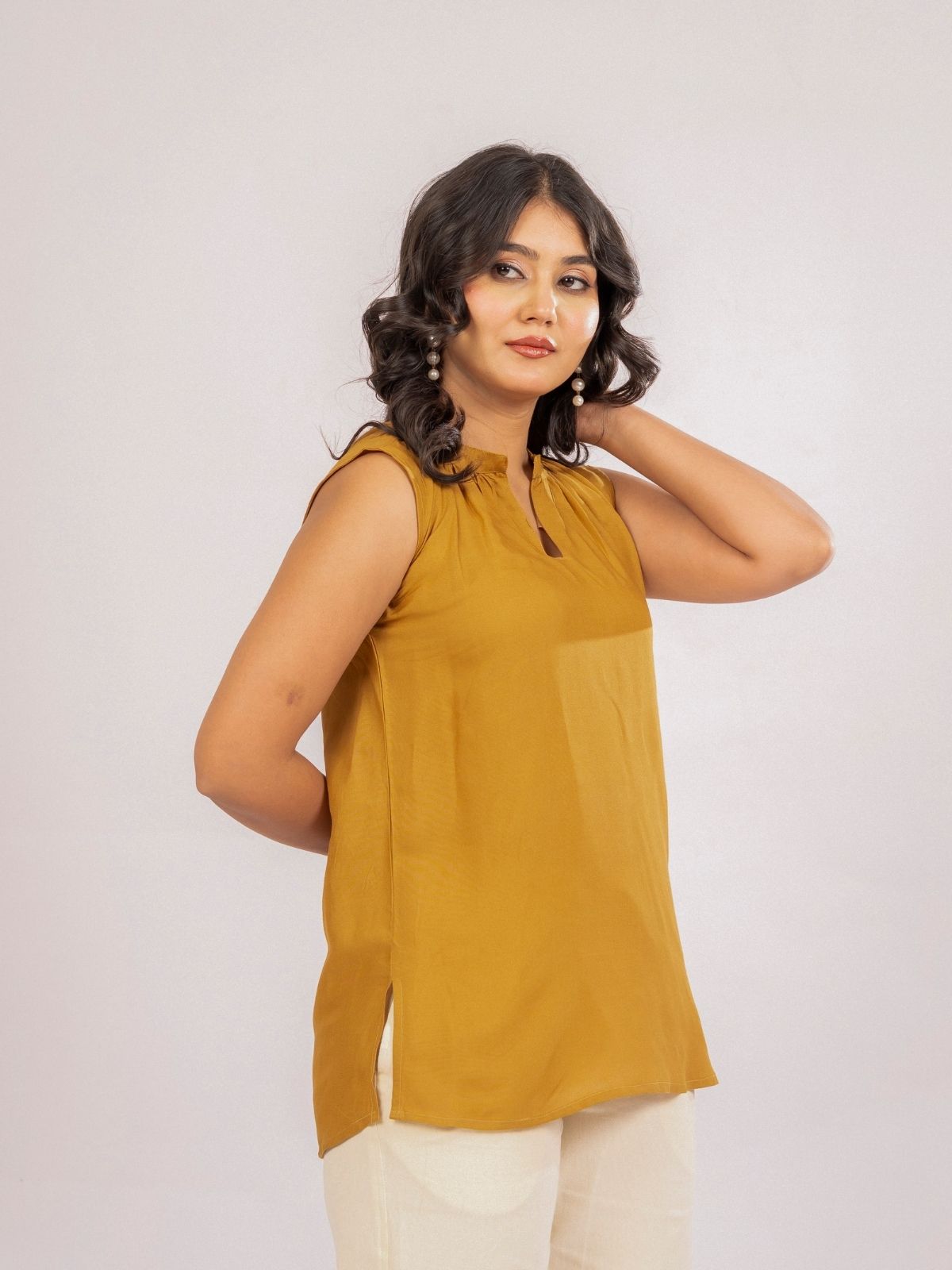 Camel Viscose Gathered Neckline Tops