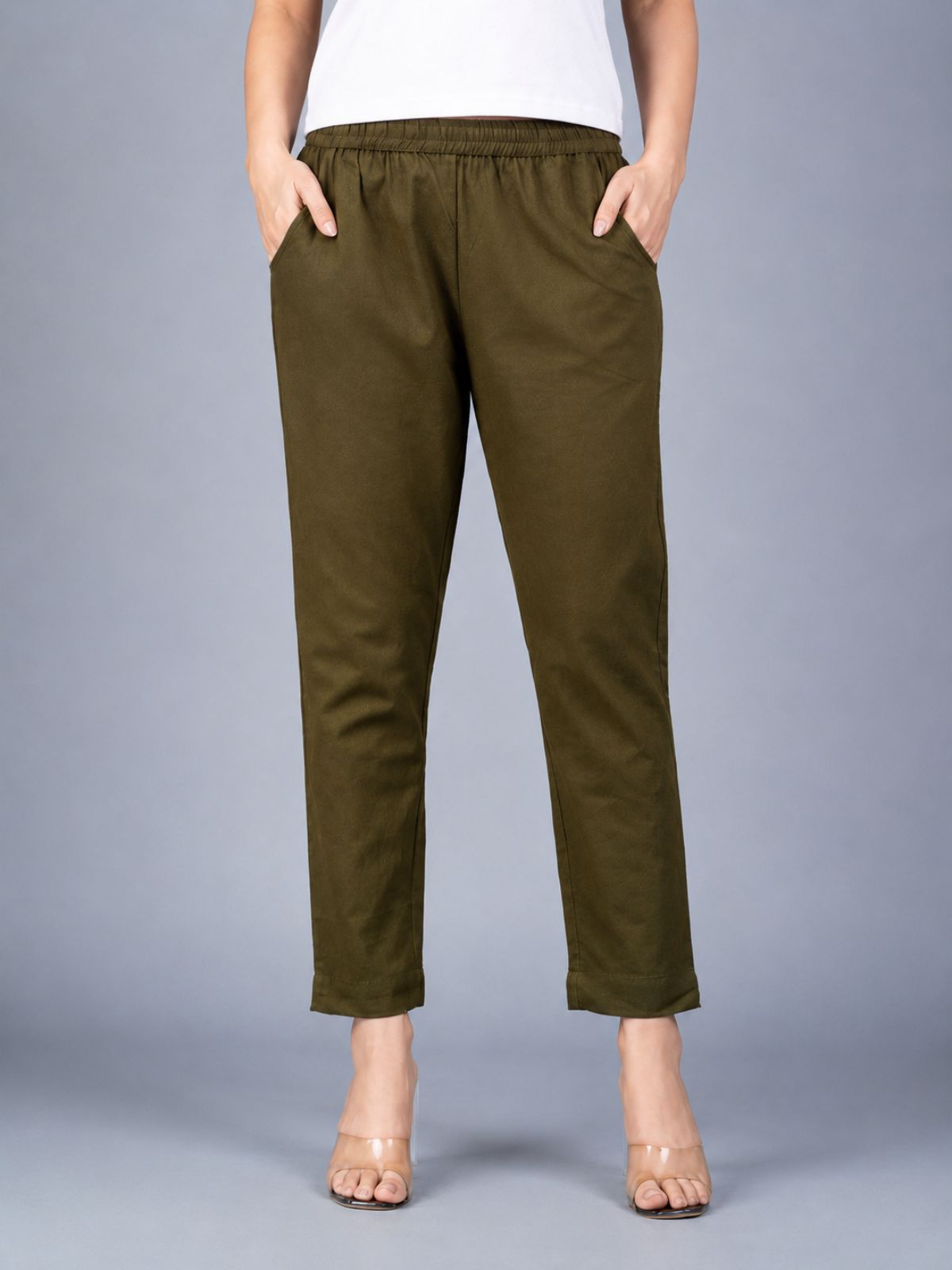 Beige & Mehendi Regular Fit Elastic Cotton Trouser Combo