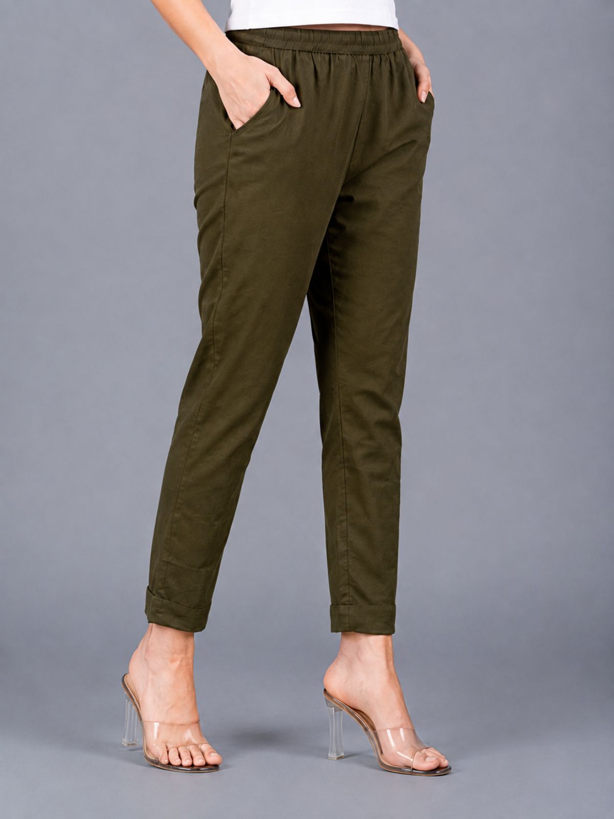 Mehendi & Mauvepink Regular Fit Elastic Cotton Trouser Combo