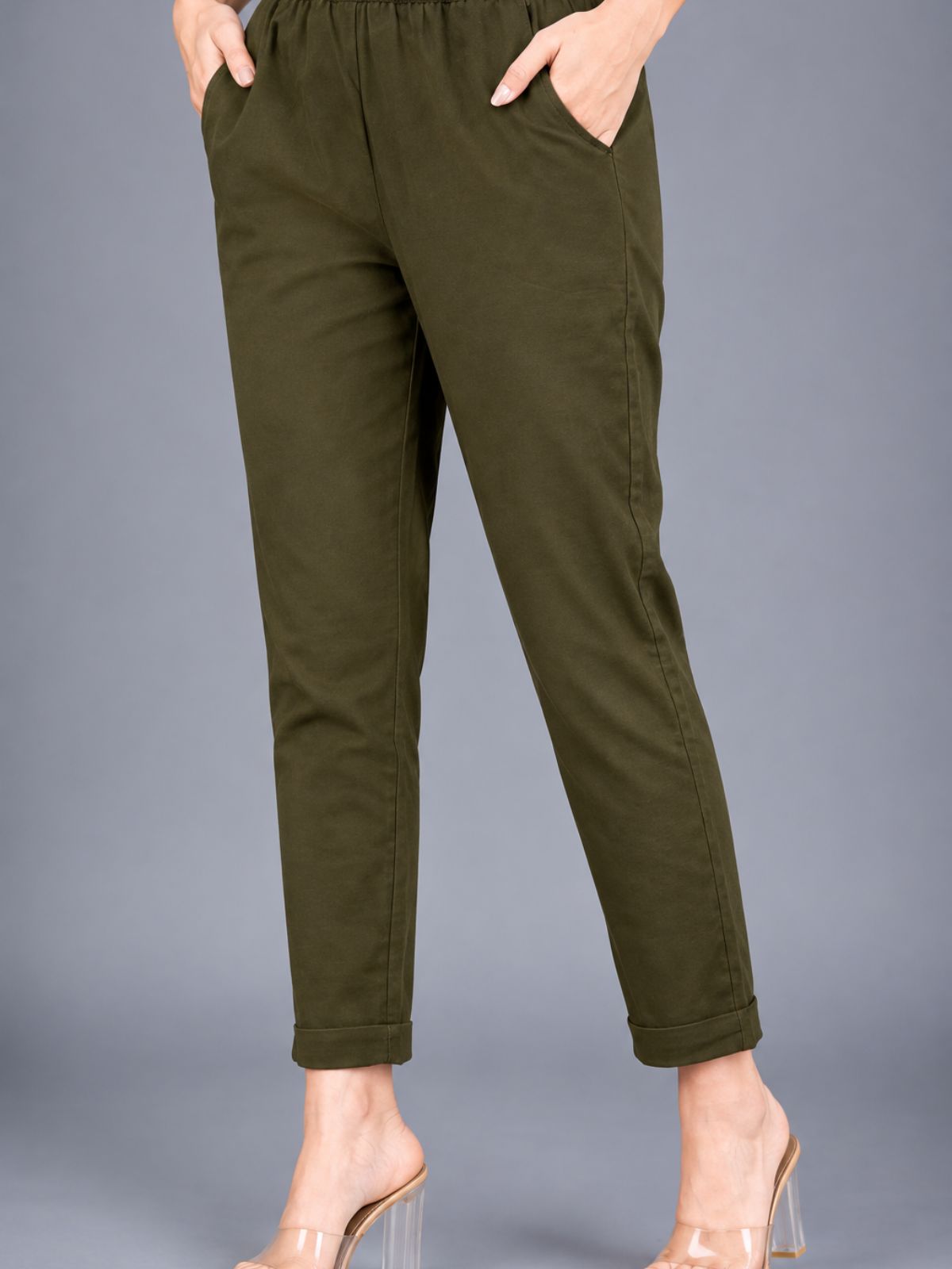 Grey & Mehendi Regular Fit Elastic Cotton Trouser Combo