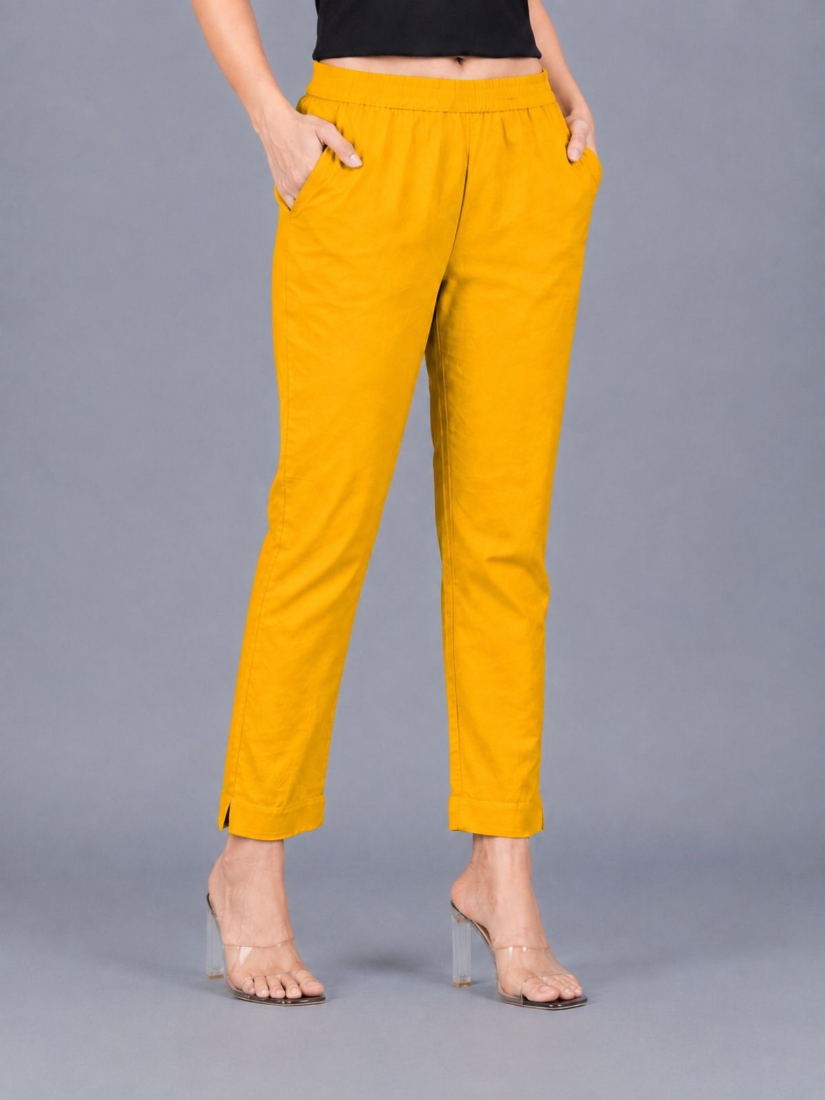 Beige & Mustard Regular Fit Elastic Cotton Trouser Combo
