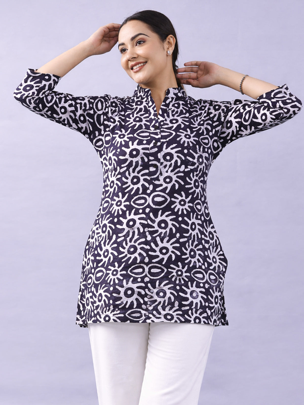 NavyBlue Cotton Block Print Short Kurti