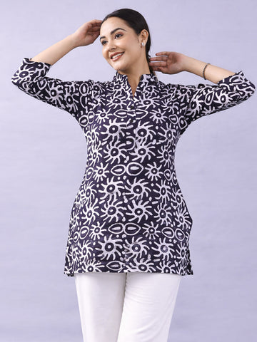 NavyBlue Cotton Block Print Short Kurti