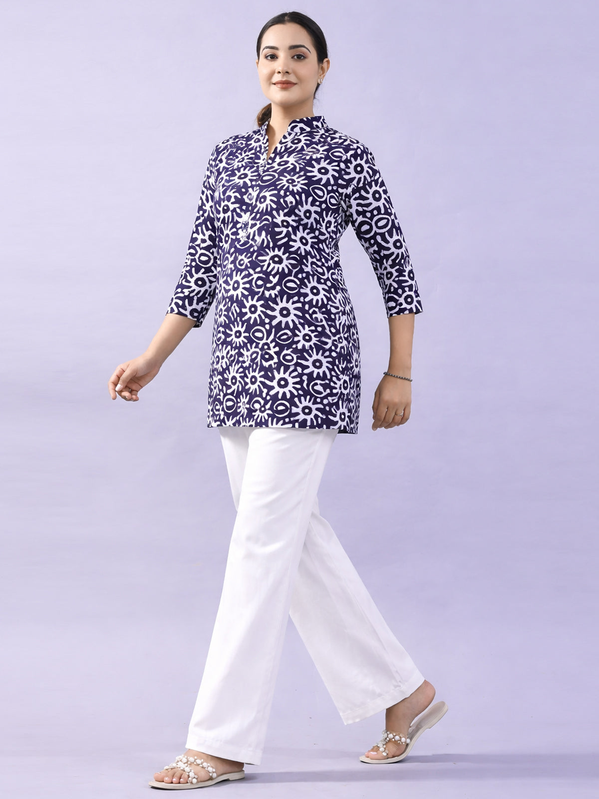 NavyBlue Cotton Block Print Short Kurti