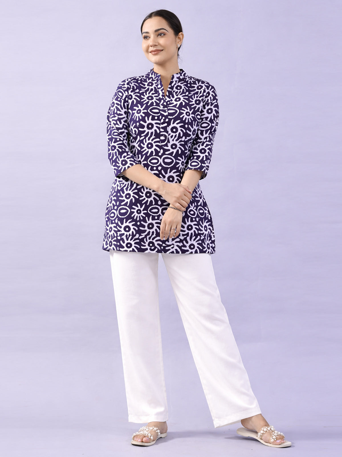 NavyBlue Cotton Block Print Short Kurti