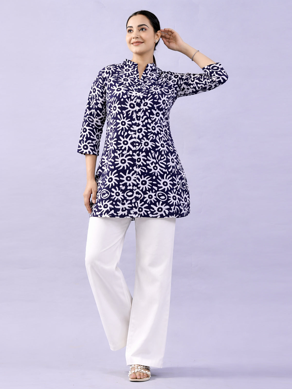 NavyBlue Cotton Block Print Short Kurti