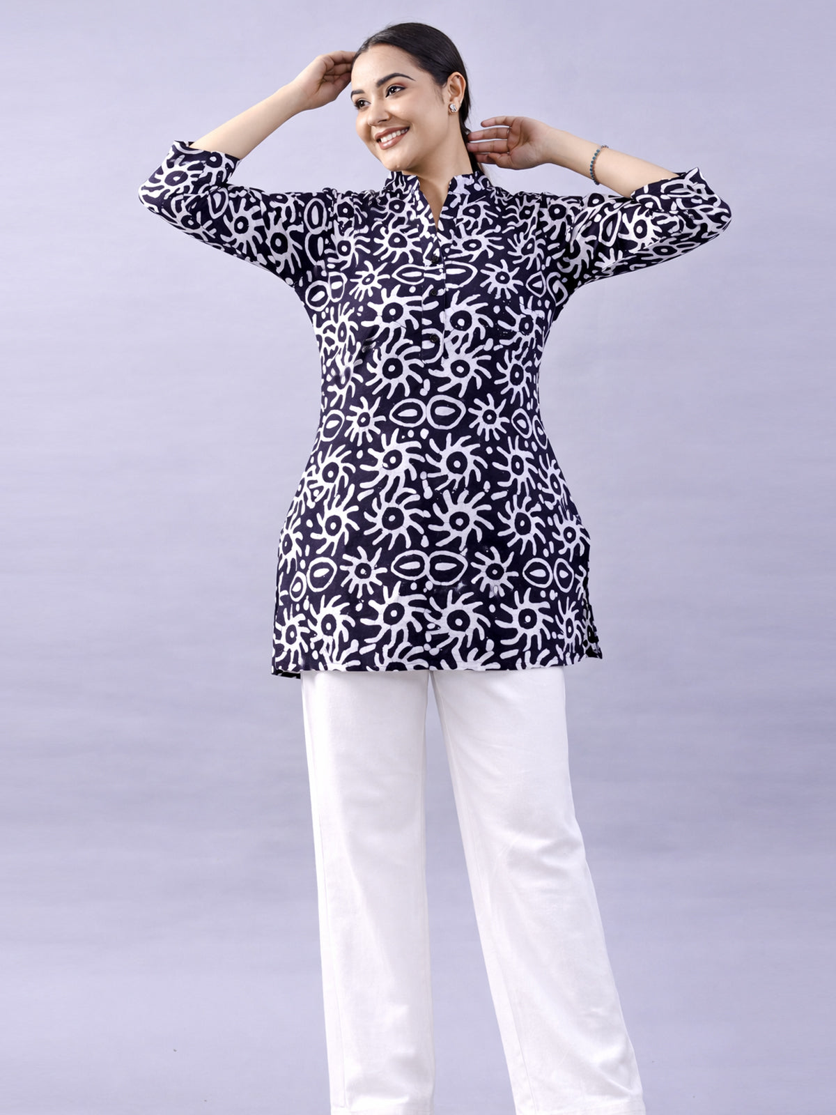NavyBlue Cotton Block Print Short Kurti