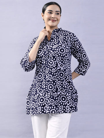 NavyBlue Cotton Block Print Short Kurti