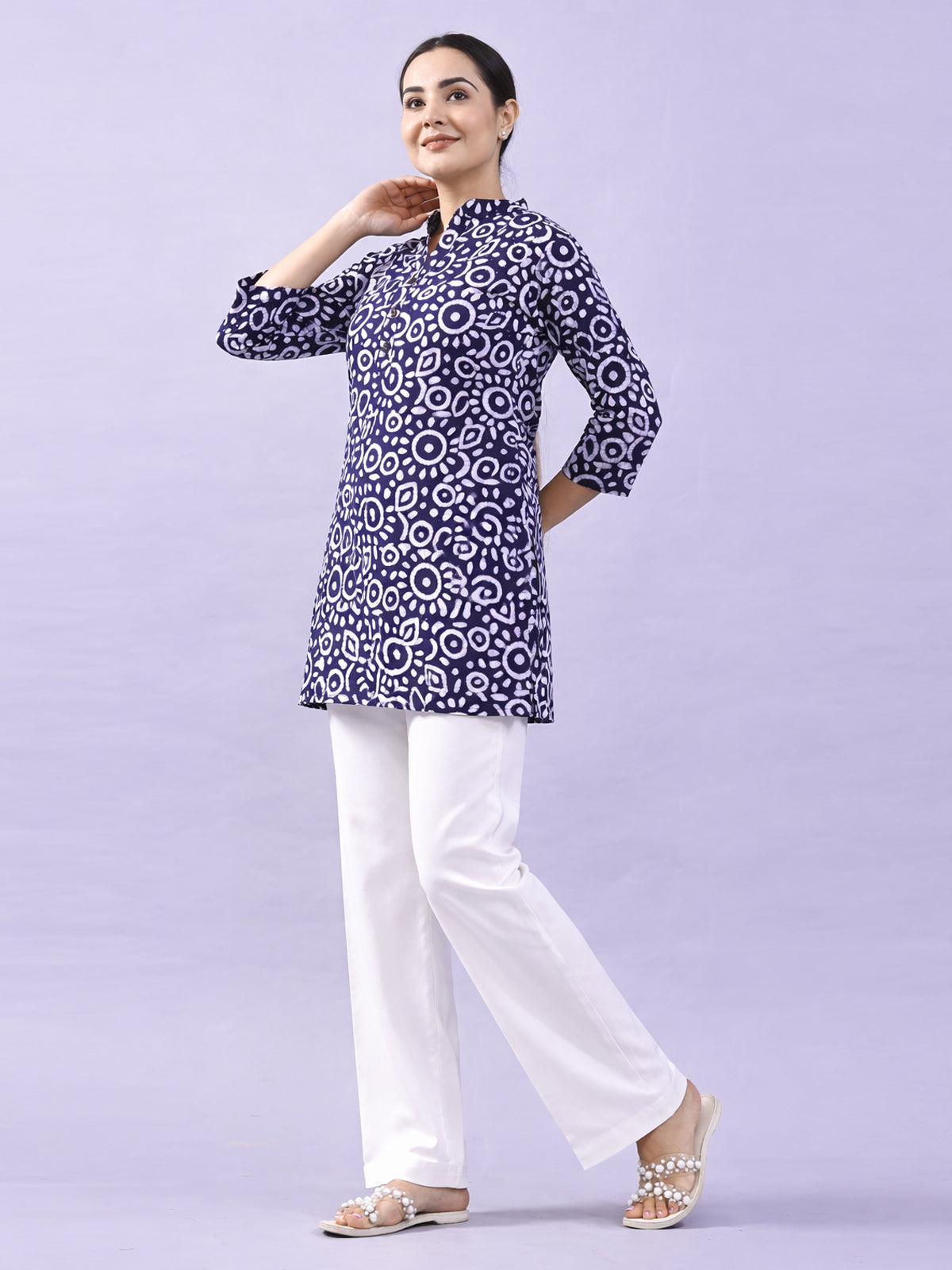 NavyBlue Cotton Block Print Short Kurti