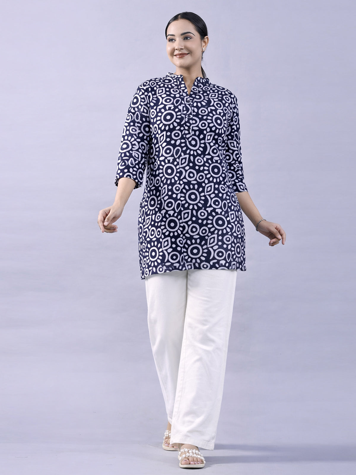 NavyBlue Cotton Block Print Short Kurti